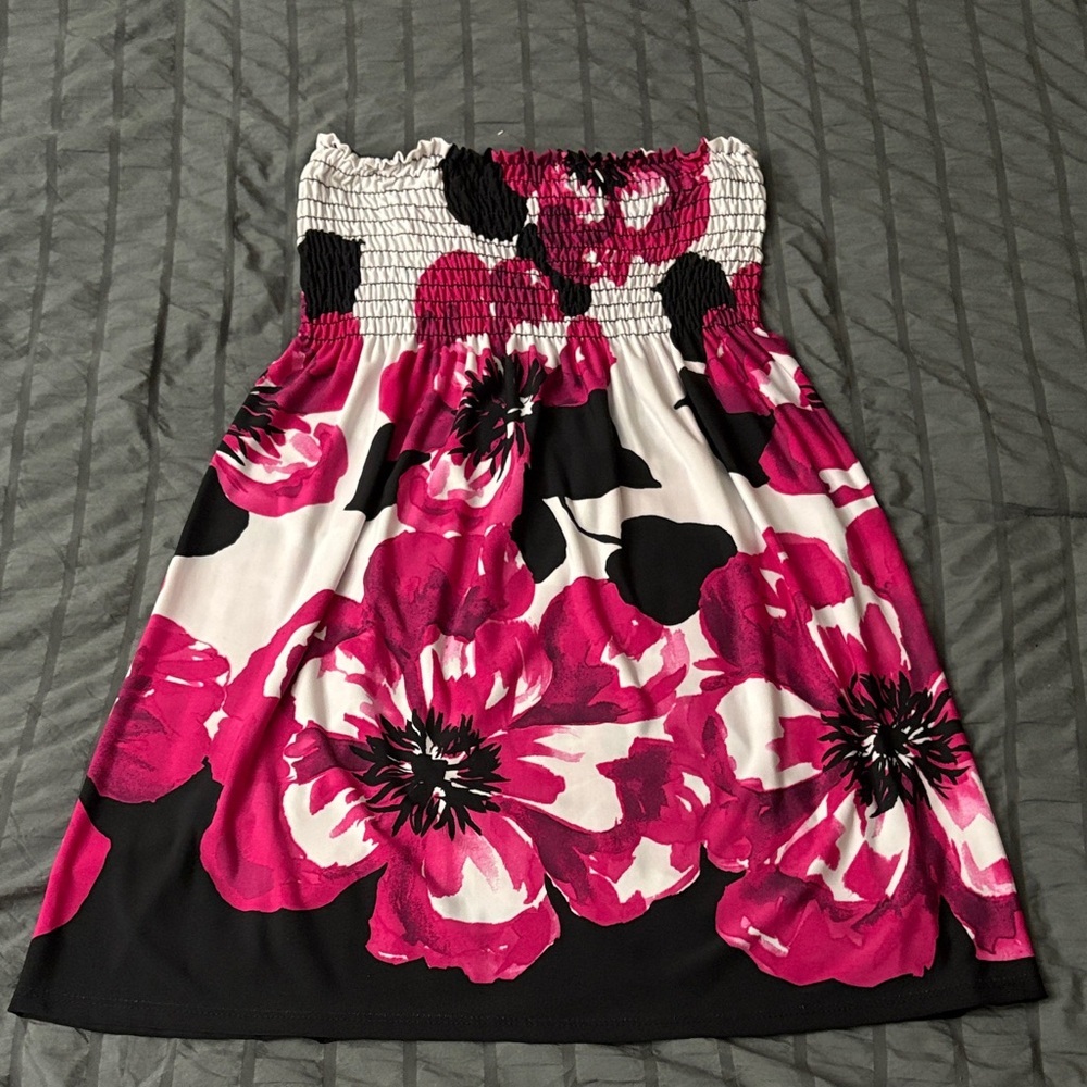 Floral Strapless Dress - Pink and Black